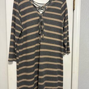 Striped Gray and Tan Dress with Lace-Up Detail
